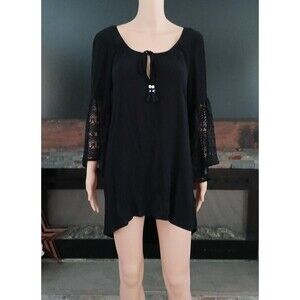 Women's Black Beachy Boho Flared Sleeves Beaded String Tunic Peasant Dress/Top